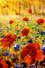 Oil Painting Close-up Red Flower Sunny Field Texture Painting. Big Red Violet Flowers Poppies Rose Peony Closeup Macro On Canvas. Modern Impressionism. Impasto Artwork.