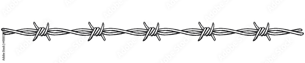 Barbed wire border, horizontal. Clip-art illustration of a barbed wire border on a white background. - obrazy, fototapety, plakaty 