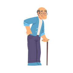 Sticker - Grandpa Walking Leaning on Cane and Smiling Vector Illustration