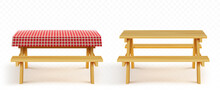 Wooden Picnic Table With Benches And Red Plaid Tablecloth Isolated On Transparent Background. Vector Realistic Set Of Empty Wood Table With Seats And Cloth For Garden, Park Or Camping