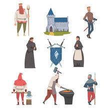 Middle Ages With Medieval People Characters, Coat Of Arms And Fortress Vector Illustration Set