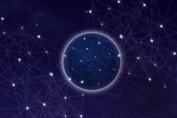 Wall Mural - Internet connection. Points connected by lines, against the background of the starry sky, and planet.
