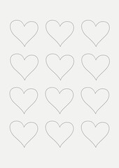 Sticker - Illustration of four rows of black outlined hearts with copy space on light grey background