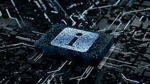 Information Technology Concept With Info Symbol On A Microchip. Data Flows From The CPU Across A Futuristic Motherboard. 3D Render.