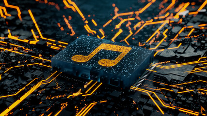 Audio Technology Concept with music symbol on a Microchip. Data flows from the CPU across a Futuristic Motherboard. 3D render.