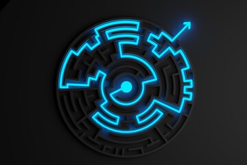 Wall Mural - Blue glowing path thru black maze or labyrinth over black background, success, strategy or solution concept