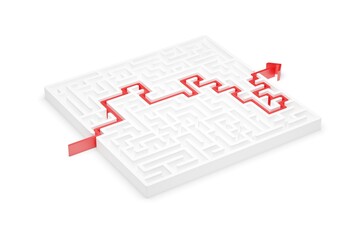 Wall Mural - red path thru white maze or labyrinth over white background, success, strategy or solution concept