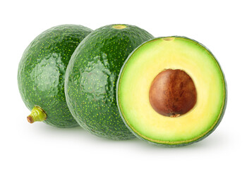 Wall Mural - Isolated avocado. Two whole avocado with a half isolated on white background with clipping path
