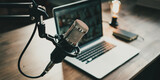 Fototapeta  - Home studio podcast interior. Microphone, laptop and on air lamp on the table, close-up