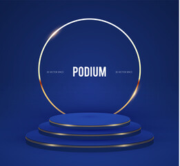 Wall Mural - elenagt 3d circle blue podium with gold elements. realistic minimal empty scene. showcase and shelf.
