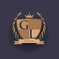 initial letter GL logotype colored brown and gold isolated with shield, crown and laurel design, logo for college and sport club.