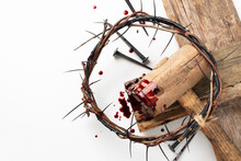 Crown Of Thorns And Bloody Nails Isolated On White. Good Friday, Passion Of Jesus Christ. Christian Easter Holiday. Top View, Copy Space. Crucifixion, Resurrection Of Jesus Christ. Gospel, Salvation