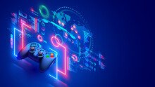 Online Video Games Concept Banner. E Sports In Internet. Computer Network Games. Entertainment Technology. Gamepad Hovered Near Holographic Interface And World Virtual Map. Web Gaming Communication.