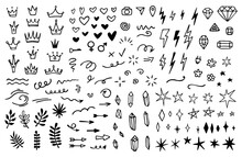 Vector Set Of Different Crowns, Hearts, Stars, Crystals, Sparkles, Arrows, Lightnings, Diamonds, Signs And Symbols. Hand Drawn, Doodle Elements Isolated On White Background.