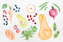 Watercolor Food, Beans, Vegetables, Fruit