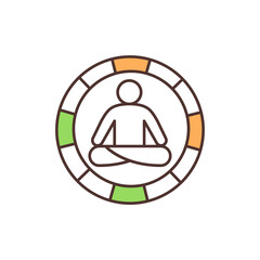 Sticker - Meditation practice RGB color icon. Breath control. Progressive relaxation. Practicing yoga poses, dhyana. Emotionally calm and stable state. Inhalation and exhalation. Isolated vector illustration