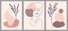 Set Of Creative Hand Painted One Line Abstract Shapes. Minimalistic Image Icons: Female Portrait, Flowers, Leaves. For Postcard, Poster, Placard, Brochure, Cover Design, Web.