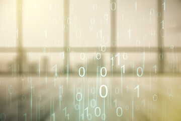 double exposure of abstract virtual binary code hologram on empty modern office background. database