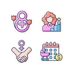 Sticker - Feminism RGB color icons set. Girl power. Women day. Paid maternity leave. Women in government. Movement for equalization of women rights. Establishing social justice.Isolated vector illustrations