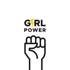 Wall Mural - Girl power with thunderbolt. Fist hand up. Black outline. Motivational phrase. Feminist quote. Vector illustration, flat design