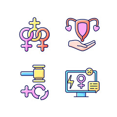 Poster - Feminism RGB color icons set. Media sexism. Protection women rights. Gender equality. Movement for equalization of women rights. Expansion of the rights of women.Isolated vector illustrations