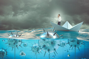 man on a paper boat in the sea surrounded by mines.