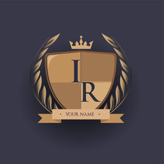 initial letter IR logotype colored brown and gold isolated with shield, crown and laurel design, logo for college and sport club.