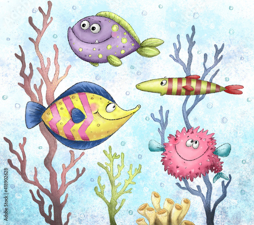 Obraz Dibond Cartoon fish poster. Digital drawing.