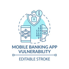 Mobile banking app vulnerability concept icon. Threats idea thin line illustration. Faults in application code. Security weaknesses. Vector isolated outline RGB color drawing. Editable stroke