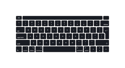 Keyboard of computer, laptop. Modern key buttons for pc. Black keyboard isolated on white background. Icons of control, enter, qwerty, alphabet, numbers, shift, escape. Realistic mockup. Vector