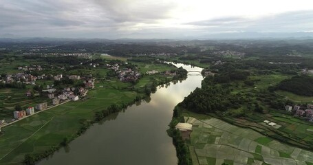 Wall Mural - Overlooking the rural green countryside and river, Shaoyang, Hunan, China。