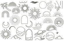 Collection Of Line Design With Sun,sea,wave,mountain.Editable Vector Illustration For Website, Sticker, Tattoo,icon