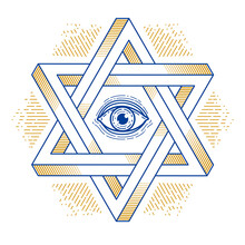 Jewish Hexagonal Star With All Seeing Eye Of God Sacred Geometry Religion Symbol Created From Two Dimensional Triangles Impossible Shapes, Vector Logo Or Emblem Design Element.