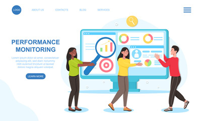 Male and female characters are monitoring performance on computer together. Building business project and chart on internet. Website, web page, landing page template. Flat cartoon vector illustration
