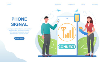 Wall Mural - male and female characters are trying to get phone signal. website, web page, landing page template.