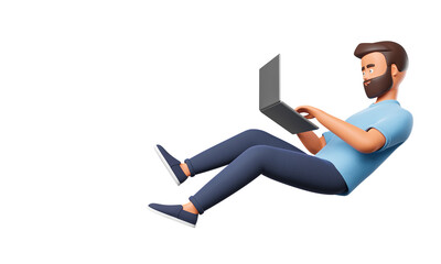flying or falling cartoon character man work with laptop isolated over white background. freelance a