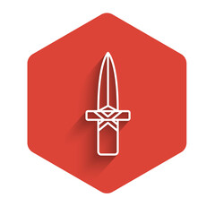 Sticker - White line Dagger icon isolated with long shadow. Knife icon. Sword with sharp blade. Red hexagon button. Vector.