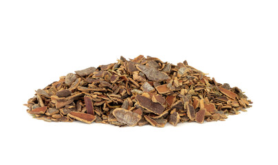 Poster - Cascara herb bark used in herbal medicine to treat constipation on white background. Rhamnus purshiana.