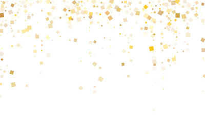 Wall Mural - Stylish gold square confetti tinsels falling on white. Luxurious Christmas vector sequins background. Gold foil confetti party decoration space. Square particles party background.