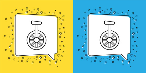 Sticker - Set line Unicycle or one wheel bicycle icon isolated on yellow and blue background. Monowheel bicycle. Vector.