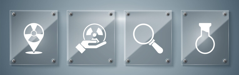 Sticker - Set Test tube and flask, Magnifying glass, Radioactive and Radioactive in location. Square glass panels. Vector.