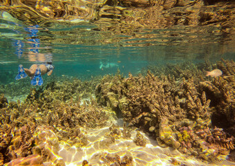 Poster - Jeune femme en snorkeling, lagon de Taha'a, Polynésie française