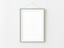 One Green Wooden Rectangular Vertical Frame Hanging On A White Textured Wall Mockup, Flat Lay, Top View, 3D Illustration