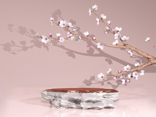 Wall Mural - White stone podium, Cosmetic display stand with blossom flowers on pink background. 3D rendering