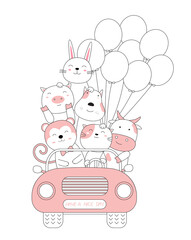 Cartoon sketch the cute baby animals with the car. Hand-drawn style.