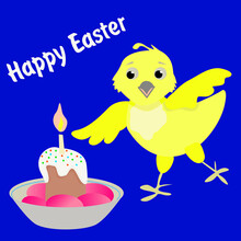 Happy Easter. Chicken And Egg Cake On A Blue Background. Painted Eggs, Cake, Candle And Yellow Chicken
