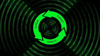 UPDATE lettering on update sign in center of binary code circles - graphic elements in green on black background - Software Update Computer Program - 3D Illustration