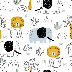 Seamless safari pattern with lion, elephant and palm trees on white background. Vector illustration for printing on packaging paper, fabric, postcard, clothing. Cute children's background.