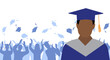 Black man graduate in mantle and academic square cap on background of cheerful crowd of graduates throwing their academic square caps. Graduation ceremony. Vector illustration