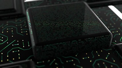 Virtual hi tech uI animation closeup. Concept of data transmission, computer communication. Digital information travels. Technology background processor circuit